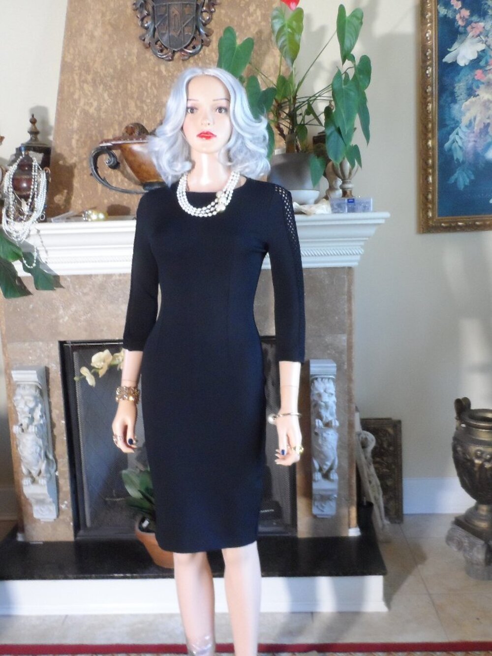 New St. John Black Knit Sheath Dress with Lattice Sleeve Detail Size 2